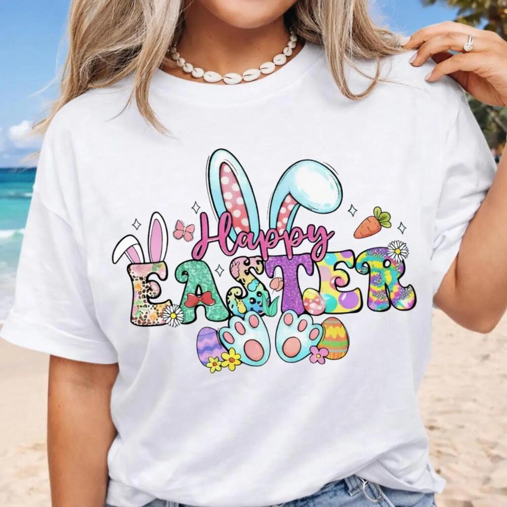 Happy Easter Bunny Graphic Tee, Pastel Spring Shirt, Bunny Lover Apparel